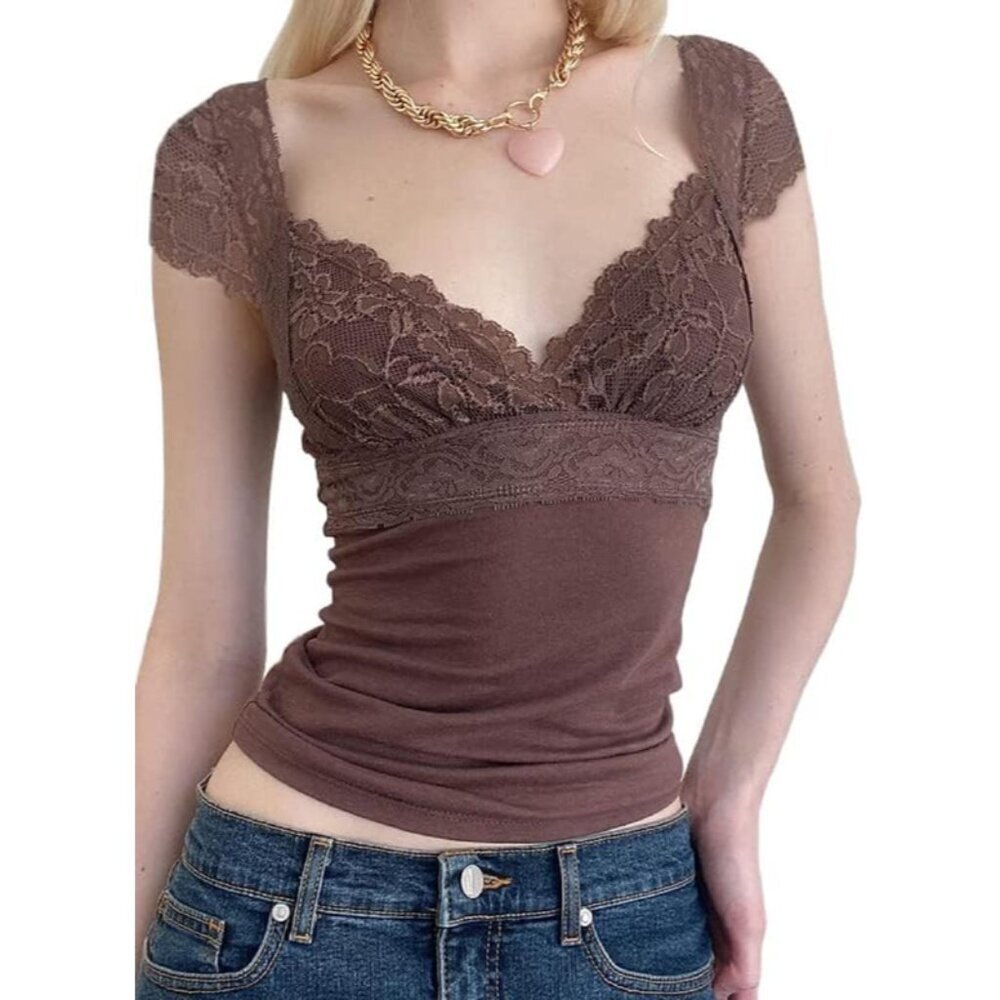 Women Y2K Lace Crop Top Short Sleeve Fairy Grunge Vintage Summer Fashion